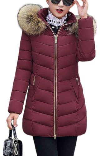 ORANDESIGNE Cappotto Invernale Donna Piumino Giacca Lungo Giubbino con Pelliccia Cappuccio Piumino Cappotti Eleganti Caldo Parka Outwear Trench Giubbotto con Zip e Tasche A Rosso Vino XL