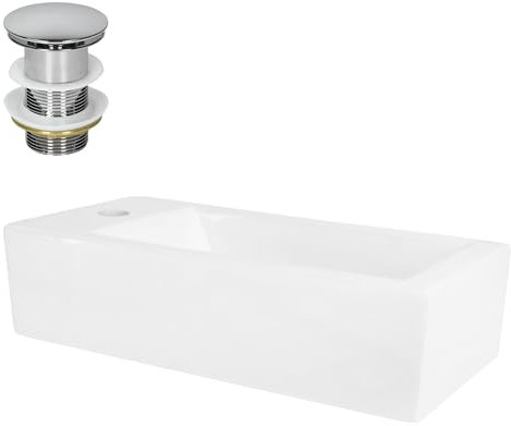 ML-Design Lavabo Blanco Rectangular 510 x 250 x 130 mm Lavamanos de Cerámica sobre Encimera o de Pared con Agujero para Grifo en Derecha y Juego de Desagüe Cromado Pila Pequeña para Cuarto de Baño