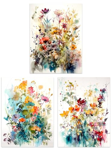 Artery8 Set of 3 A4 Wildflowers Colourful Watercolour Floral Artworks Spring Flower Field Unframed Wall Art Living Room Poster Prints Pack