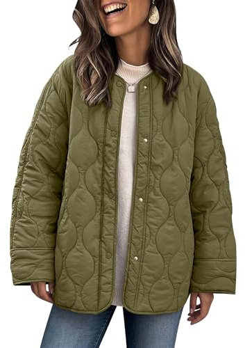 PEHMEA Women's Quilted Jacket Oversized Button Down Coat Fashion Bomber Outerwear with Pockets(Green-M)