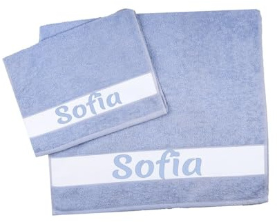MAGIE DI CASA Personalisierte Handtücher mit Namen, Geschenke Set 2 Stück Schwamm aus Frottee, Gesicht + Gästetuch aus 100% Baumwolle, hergestellt in Italien (Blau, Name)