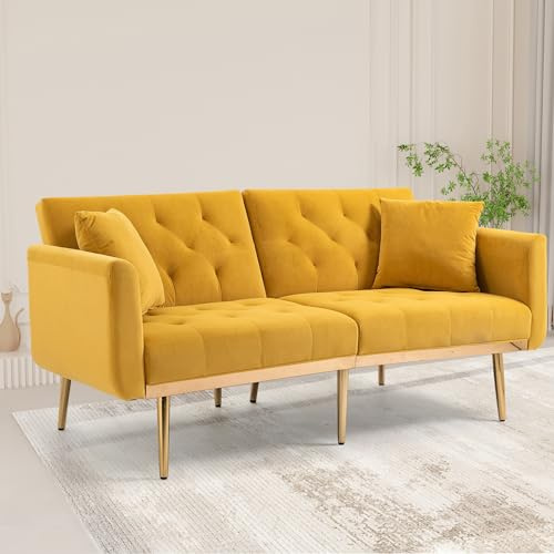 YESGIGA Sofá de diseño de terciopelo suave de 3 plazas, cama convertible de 3 plazas, soporte de piernas de metal resistente, adecuado para múltiples escenarios de salón, dormitorio (amarillo mostaza)