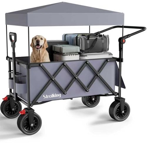 3 in 1 Bollerwagen Faltbar mit Bremsen 150L 136KG Belastbar,Utility Bollerwagen mit abnehmbarem Verdeck, mit großen All-Terrain-Strandrädern und Getränkehaltern, Grau