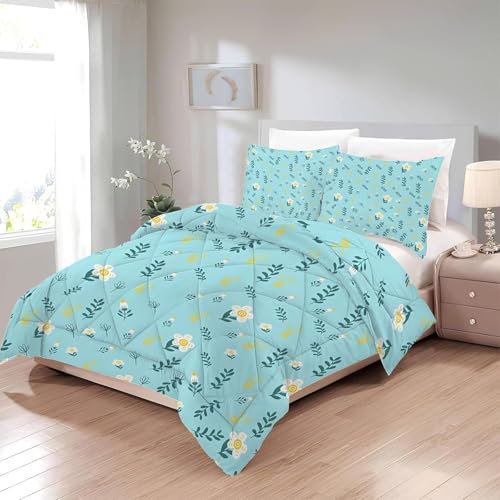 Bettdecke 200x220 Ohne Bezug Nutzbar, Blumen Blätter Wildblumen Bettdecken Waschbar Ganzjahresdecke Retro 4 Jahreszeiten Steppdecke, Bettzeug Microfaser mit 2 Kissenbezug für Sommer Winter Doppelbett