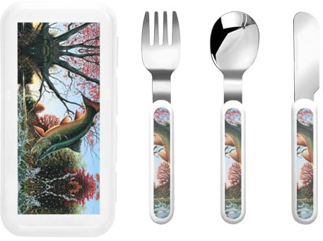 Reusable Safflower Flying Fish Print Fork, Spoon Knife with Storage Case,Dishwasher Safe for School Lunch,Travel