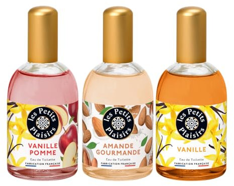 Les Petits Plaisirs - Lot de 3 - Eau de toilette Vanille Pomme, Amande Gourmande & Vanille. Eau de toilette femme, Gourmandes & Vanillées. Coffret cadeau. Made in France. 110ml