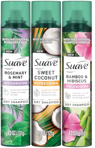 Suave Dry Shampoo Spray Variety 3-Pack – Invigorating Rosemary & Mint, Volumizing Bamboo & Hibiscus + Refreshing Sweet Coconut, 4.3 Oz Ea