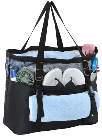 Cozary Borsa Mare Grande 40L, Borsa da Spiaggia Impermeabile con Rete Traforata & Cerniera sul Fondo per la Sabbia - Pieghevole, 6+1 Tasche per Piscina, Viaggi, Sport