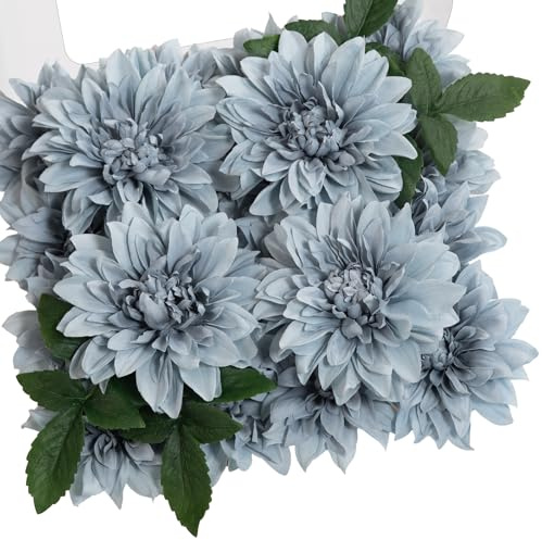 TINGE TIME 20 flores artificiales de dalia de seda de 5 pulgadas/6 pulgadas, flores falsas para bricolaje, ramos de novia, centros de mesa, arreglos, fiestas, baby shower, decoración del hogar (azul