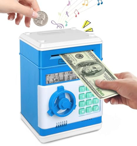 Elektronisches Sparschwein Kinder mit Passwort & Münzschlitz, Automatische Geldannahme ATM Spardose Tresor, Große Kapazität Geldbank, Geschenk für Jungen Mädchen Geburtstag Weihnachten – Blau