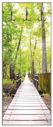 Wallario Wandgarderobe aus Holz in Größe 50 x 125 cm in Premium-Qualität, Motiv: Spaziergang im Wald Holzweg über einen Fluss | 5 Kleiderhaken zum Aufhängen
