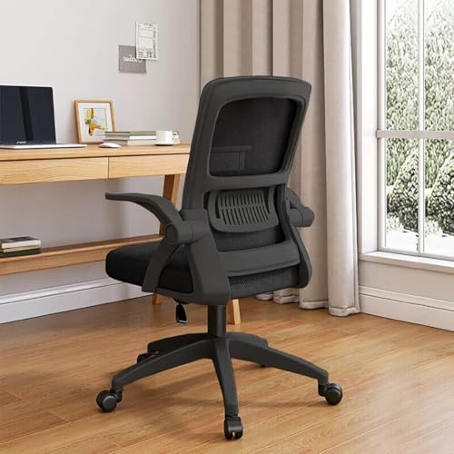 XUEGW Bürostuhl,Ergonomischer Drehstuhl mit Atmungsaktiver Mesh-Rückenlehne,Hochklappbaren Armlehnen und Lendenwirbelstütze für Computer - Homeoffice(Schwarz)