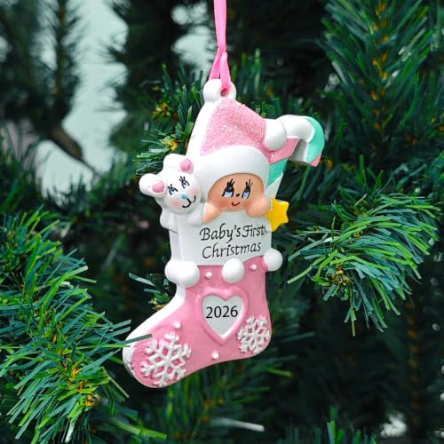 Christmas Decorations Baby First Christmas Personalised Gifts 2025 Pink Stocking Keepsake Cute Holiday Tree Decoration bauble for Baby Newborn Boy Girl Stocking Stuffers First Christma Memory