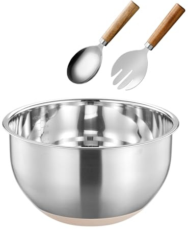 Salad Bowl and Server Set Stainless Steel Salad Mixing Bowl with Salad Spoon & Fork Large Metal Kitchen Bowl for Food Preparing and Serving, 26cm, Dishwasher Safe (with non-slip silicone bottom)
