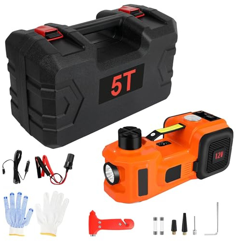 SROCHN 5T Elektrischer Wagenheber mit LED und Reifenfüllfunktion, Hubbereich 15-45 cm, 12V Elektrischer Hydraulischer Wagenheber Set für Autoreparatur, Fahrzeugwartung und Pannenhilfe