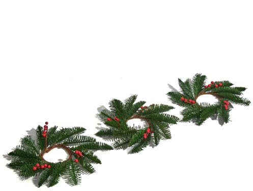 Heleze 3 Pcs Christmas Candle Rings - Artificial Mini Pine Wreaths with Red Berries Candle Holders for Table Centerpiece Pillar Candles Xmas Decorations