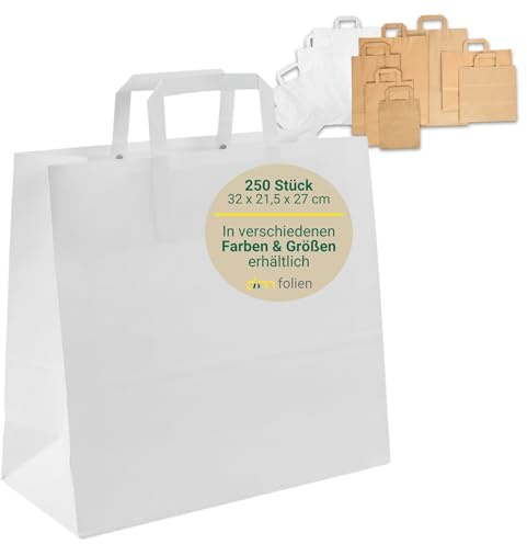 dm-Folien Papiertüten in Weiß I 250 Stück I 32 + 21,5 x 27 cm I Papiertragetaschen aus 80 g/m² Kraftpapier I Lebensmittelechte Tragetaschen mit Henkel I Umweltfreundliche Tüten bis 7 kg Tragkraft