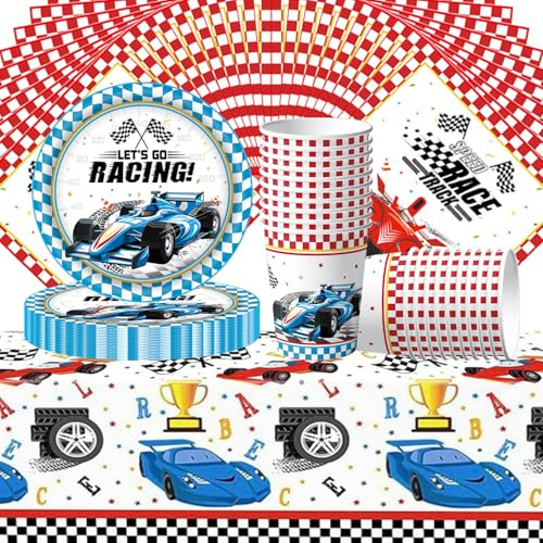 Set di 61 stoviglie a tema corse automobilistiche, decorazioni per feste di compleanno, feste di compleanno per bambini, piatti, bicchieri, tovaglioli, piatti di carta, per 20 ospiti