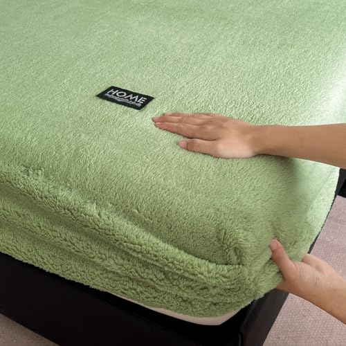 Mateju Weiches Fleece Spannbettlaken Winter Verdickter Flauschige Warme Einfarbig Plüsch Spannbetttuch für Boxspringbett Bequem Bettlaken Elastisches für Hohe Matratze (grün,90x200cm)