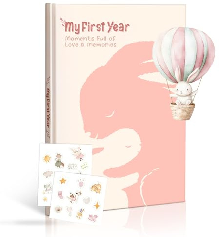 Mein erstes Jahr Baby Erinnerungsbuch - A4 Tagebuch & Erinnerungsalbum mit süßem Kaninchen Design, inklusive 25 Aufklebern, aufmerksames Geschenk zur Geburt, Taufe & Babyparty