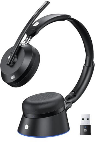 Wireless Headset with Mic for Work, Wireless Headphones with Mic (Noise Cancelling), Charging Base & Mute Button, Bluetooth Headset with Microphone with USB Dongle for Remote Work/Office/Zoom/Teams