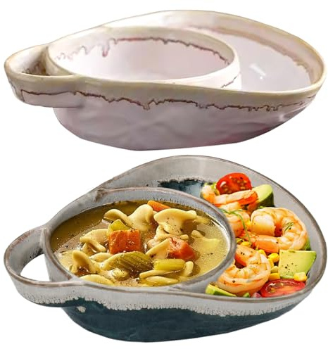 2Pcs Soup Bowls Retro Ceramic Chip and Dip Bowl with Handles Creative Soup & Side Plates for Salad, Dessert, Fruit, 8x7x2inch