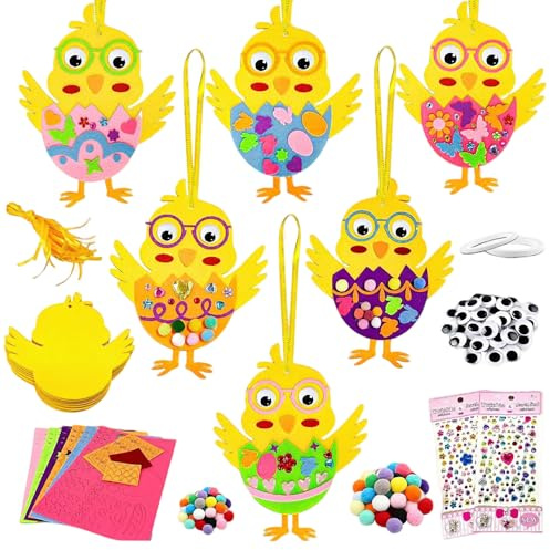 PIujsym 12 Stück Bastelset Ostern Kinder Filz Küken - Oster Bastelset DIY Anhänger zum Aufhängen & Dekorieren - Kreatives Ostern Basteln Set mit Wackelaugen Pompons - Frühling Osterdeko Kindergarten