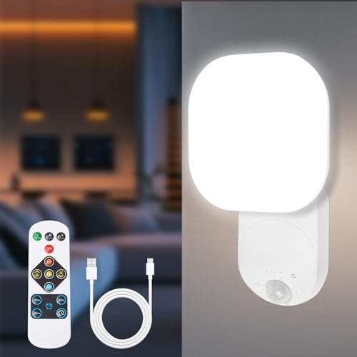 AOOTE Lámpara de Pared con Sensor de Movimiento,Lámpara de pared LED Recargable Sensor Movimiento con Mando a Distancia,Aplique de Pared Interior a Pila,3 Temperatura,Inalámbrico magnético para Salón