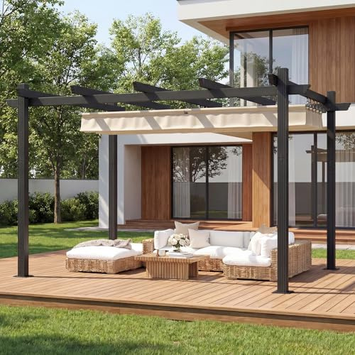 TRIUMPHKEY Pergola Pavillon 3x4m wasserdicht stabil Winterfest, Gartenpavillon Aluminium mit Schiebedach, Sonnenschutz für Garten Terrasse & Balkon, Beige