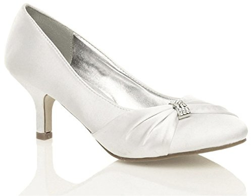 Womens Satin Heels Wedding Bridal Bridesmaid Shoes Diamante Buckle Stiletto Low Mid Heel Slip On Court Shoes Closed Toe Evening Party Prom Formal Black White Silver Navy