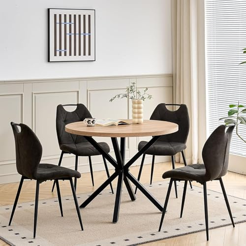 DEYARNA HOME Essgruppe Set Tisch und Stühle, 100cm Runder Esstisch mit 4 Esszimmerstühlen aus Leinenstoff und Griff für Küche, Esszimmer und Restaurant (Helles Holzdekor+Schwarz)
