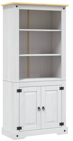 QJBSAVVA Buffetschrank Kiefer massiv Weiß Küchenschrank im Mexico-Stil 80x40x170 cm Vitrine Landhausstil mit 3 Regalfächern und Schrankfach für Esszimmer und Wohnzimmer