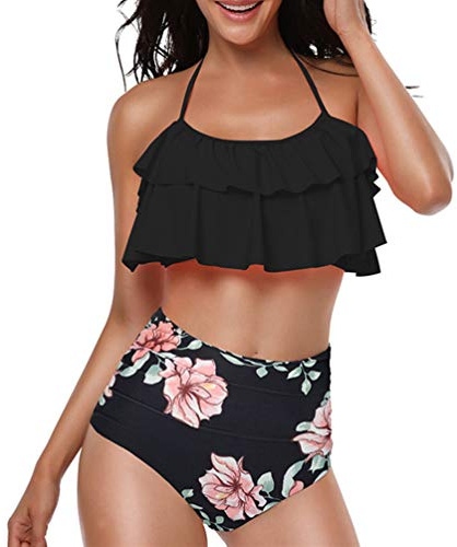 TEERFU Swimsuit for Women Two Pieces Bathing Suits Top Ruffled Flounce Swimwear Tummy Control High Waisted Bottom Bikini Set