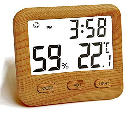 Digital Hygrometer Indoor Thermometer, Temperature Humidity Gauge with Desk Clocks for Bedroom Office,Backlit Accurate Monitor Clear Reading,Time Display Room Thermometer for Home Greenhouse Wooden