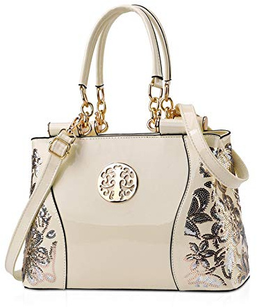 NICOLE & DORIS Lackleder Handtasche Damen Umhängetaschen Elegante Schultertasche frauen shopper großer Kapazität Henkeltasche mit Stickerei Weiß