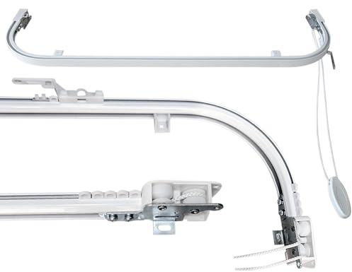 Riel de Techo Curvado en Aluminio Blanco Personalizable, Completo con Accesorios de Montaje, Movimiento con Cuerda, Barra de Cortinas Deslizante para Techo o Pared (140 CM APERTURA CENTRAL)
