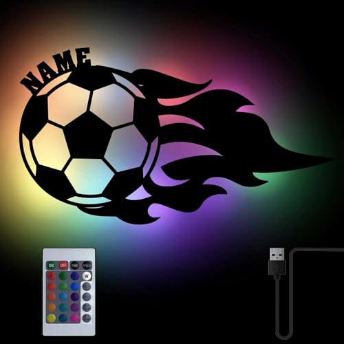 Namofactur personalisierte RGB-Fußball-Lampe aus Holz für Fans | Mit Wunschname, USB und Fernbedienung – RGB-Farbwechsel mit optionalem Netzteil für Kinderzimmer und Fußball-Fans