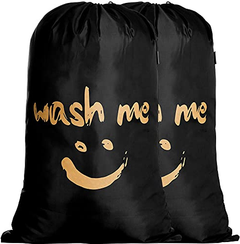 IHOMGIC 2 Pcs Wäschesack Wohnmobil für Reisebegeisterte, 420D Nylon Schmutzwäschebeutel mit Kordelzug, 120L Faltbarer Wäschetasche mit Smiley-Gesicht, Groß Wäschesack für Reisen, Urlaub, Schwarz