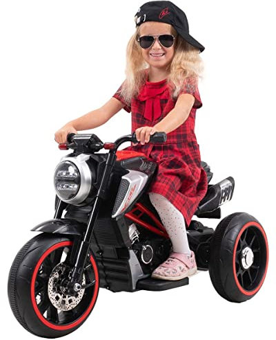 Original Actionbikes Motors Kinder Elektromotorrad Cruiserbike | 2X 6 Volt 18 Watt Motoren - Gaspedalschalter - Bremsautomatik - LED-Scheinwerfer - USB- & AUX-Anschluss (Schwarz)