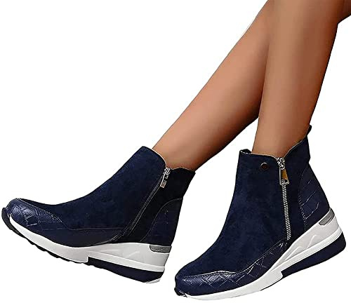 HOTRA Botas de Mujer Tacón Zapatos Deportivos Cuña Pegamento Suelas Calzado Deportivo Zapatillas con Botines de Ante con Plataforma Zapatos Botines con Cremallera (Color : Blue, Size : 36 EU)