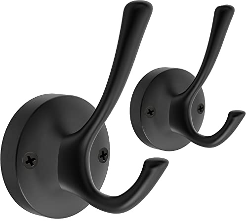 TOFIIGREM Black Towel Hooks, 2 Pack Coat Robe Hook Heavy Duty Metal Double Bathrobe Hook Wall Mounted, Hand Towels Hooks for Cubicle Bathroom Kitchen Closet Garage