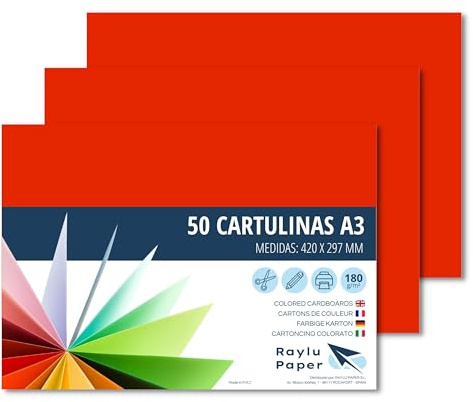 Raylu Paper – Papier Cartonné A3 Coloré, 50 Feuilles Cartonnées, Papier Epais de Couleur, pour l’Ecole, le Bureau, le Scrapbooking, les Activités Manuelles, 297 x 420 mm 180g/m² (Rouge)