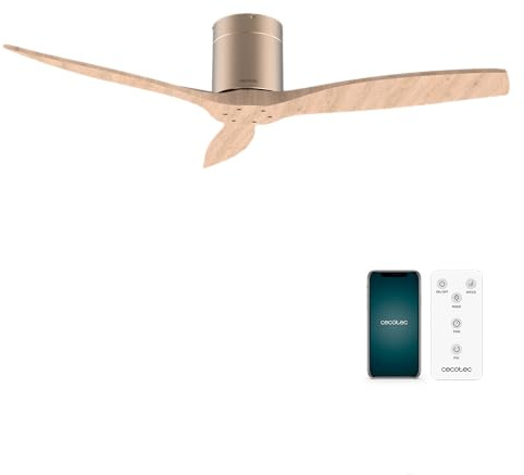 Cecotec Ventilateur de Plafond EnergySilence Aero 5500 Aqua GoldLightWood Connected, 40W, Moteur DC, Diamètre 132 cm, Basse Consommation, Wifi, Télécommande, Extérieur, Minuteur, Été et Hiver