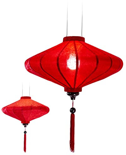 Linterna de lámpara asiática de seda roja – Lámpara colgante tradicional de Hoi an de tela, bambú y madera – Decoración y artesanía de Vietnam (P25-R)
