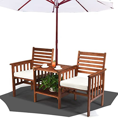 KOMFOTTEU Trädgårdsbänk akaciaträ med paraplyhål och tjock, sittbänk, parkeringsbänk ‎165 x 65 x 88 cm, träbänk, sittset och öltält-set för trädgård, balkong och terrass (vit)