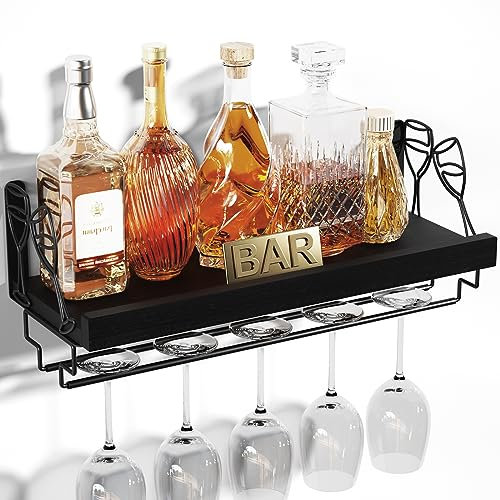 Love-KANKEI Wine Rack Wall Mounted Wine Glass Rack Floating Shelf with Stemware Hanger for Kitchen, Wood Shelf for Home Bar (Black)