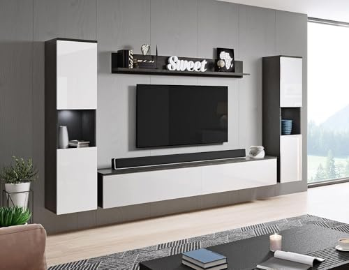 MINIO go for it - Wohnwand Parma XL 4-Teilig Set Hängend oder Stehend LED | 2x Highboard, Lowboard, I Wandboard, Laminierte Spannplatte, Farbe: Graphit Matera / Weiß Hochglanz