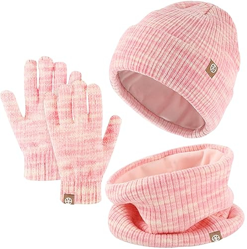 Enwokran Ensemble de Bonnet Écharpe Gants 3 en 1 pour Enfant- Bonnet en Tricot Thermique Tricoté Tour de Cou Chaud Gant Écran Tactile Set Accessoires D'hiver pour Fille Garçon 5-12 (Mélange Rose)