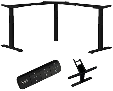 boho office® Höhenverstellbarer Schreibtisch Gestell - Elektrisch stufenlos, Eckschreibtisch mit 3 Motoren 50 mm/Sek, 3-Fach Teleskop, stabil, Memoryfunktion, Kollisionsschutz - Basic Line 90 Schwarz