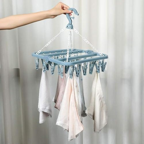 Huasean Clothes Drying Hanger With 32 32 Clips And Drip,Foldable Hanging Sock Dryer Rack,Rotatable Windproof Laundry Rack For Sock,Underwear Hanger, Clothes Pegs, Laundry Airer